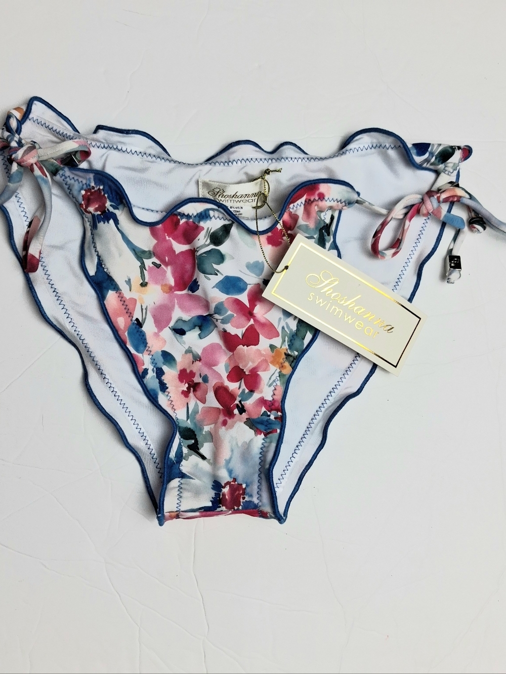 Shoshanna White Floral Frill Side Tie Bikini Bottom with Navy Ruffle Trim XS